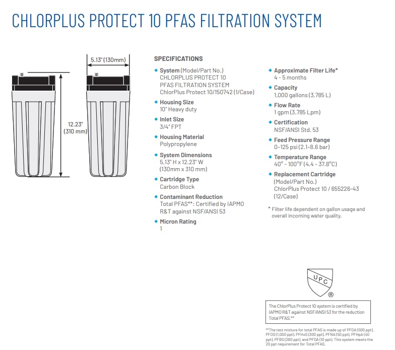 Pentair Pentek ChlorPlus Protect 10 Carbon Block Water Filter 10" Protect Pack of 1