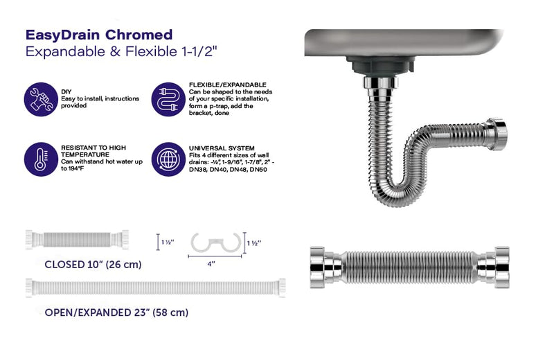 Flexible P-Trap for 1-1/2" Drain Pipes (Chromed - 24 Inch Length) with Adjustable Connections for Kitchen Sinks and Shampoo Bowls, Compatible with Various Sink Configurations Chromed