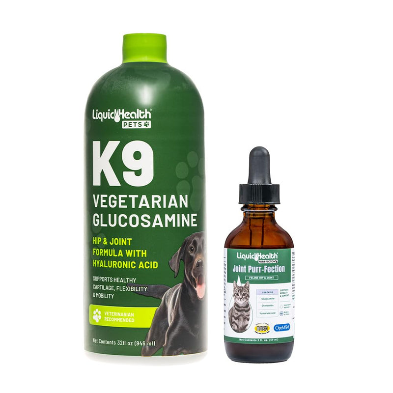 LIQUIDHEALTH Pets K9 Vegetarian Glucosamine for Dogs & Puppies & Joint Purr-Fection Glucosamine Drops for Cats & Kittens - Pet Supplements Made in USA