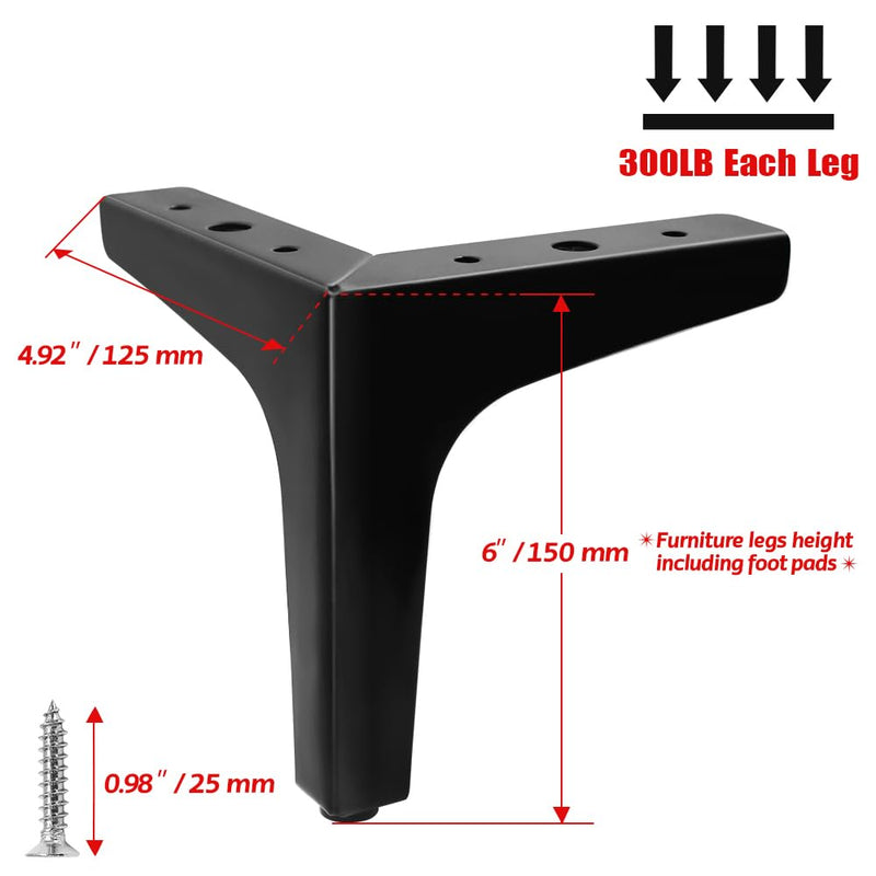 4pcs 6 Inch Furniture Legs, Modern Style Furniture Sofa Legs Metal Matte Black Triangle Feet for Table Cupboard Sofa Couch Chair 6" / 15cm, 4 Pcs