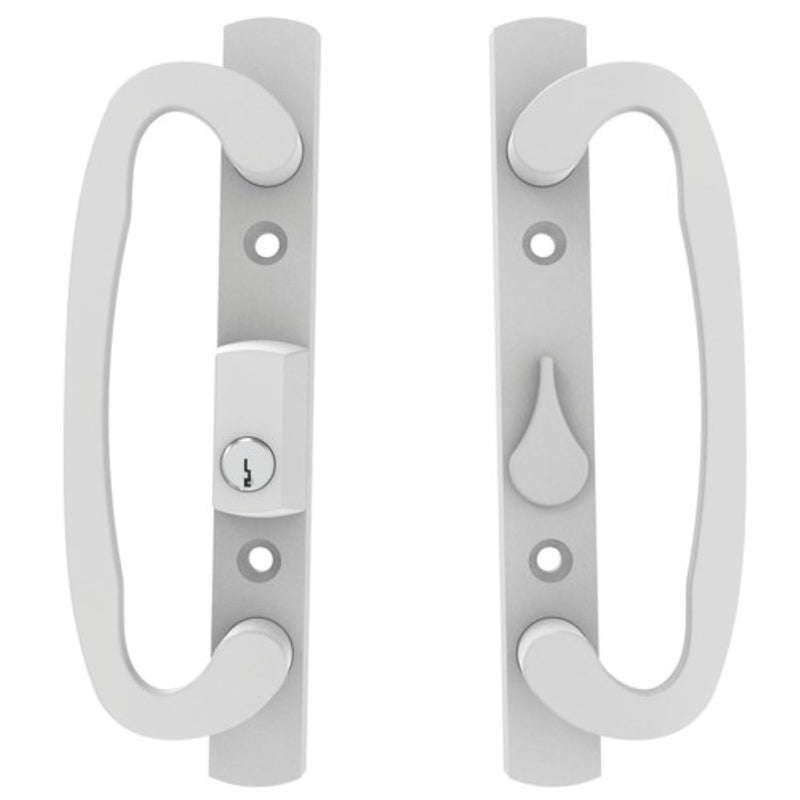 8.5" Legacy Sliding Patio Glass Door Offset Latch White Handle Set with Keys - Sash Controls 2265 Keyed Lock - Fits 3-15/16" Screw Hole Spacing and 1-1/4" to 2-1/4" Door Thickness
