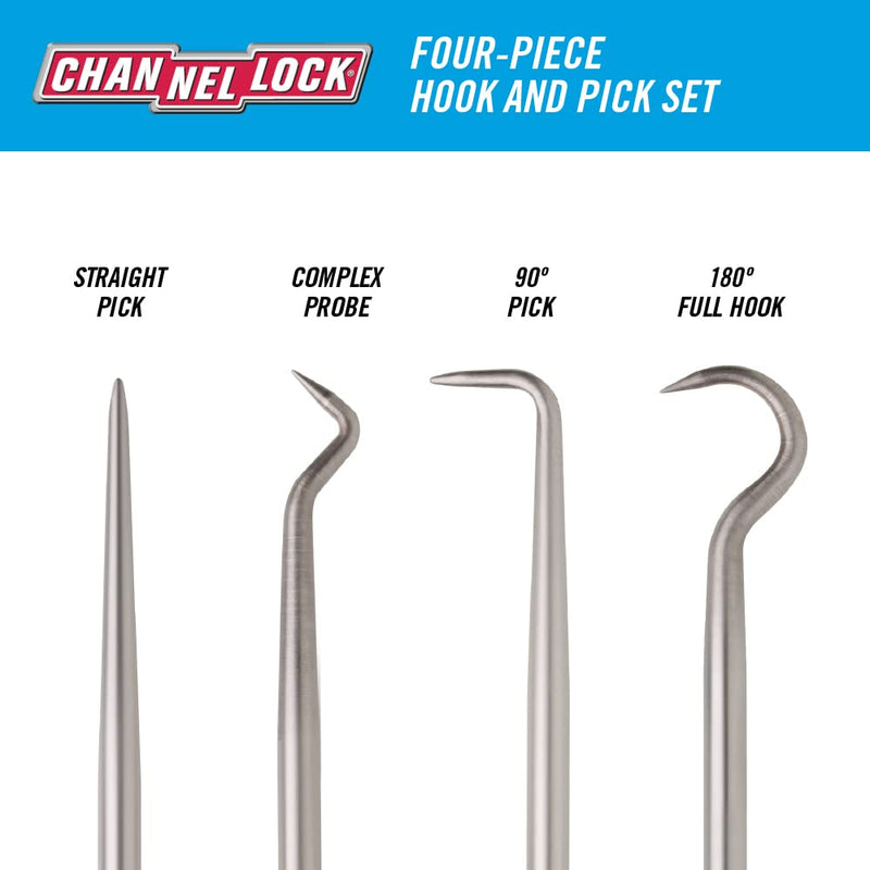 CHANNELLOCK HP-4ECP 4pc Hook & Pick Set, Made in USA, Includes 180-degree Full Hook, Straight Pick, 90-degree Pick and Complex Probe, Remove Small Fuses, Wire Plugs and "O" Rings, Gunsmith Tools
