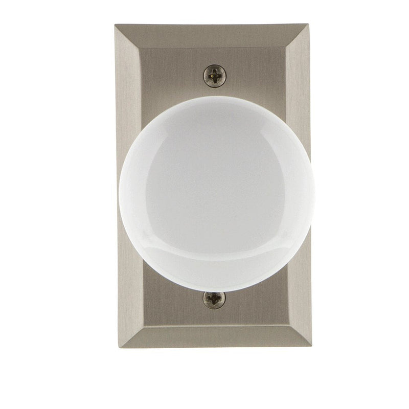 Nostalgic Warehouse Studio Plate & White Porcelain Door Knob Privacy-2.375 in Satin Nickel