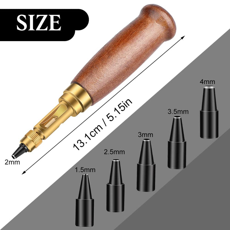 Adjustable Leather Hole Punching Tool Automatic Puncher with Wooden Handle Hollow Hole Punch with 6 Tips Size (1.5mm/2mm/2.5mm/3mm/3.5mm/4mm) for Leather Belt, Bag, Wristband Red brown
