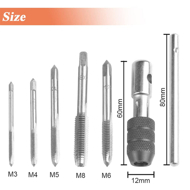 Mesee 6 Pcs Tap Wrench Tool Set, Adjustable T-Handle Ratchet Tap Holder Wrench Machine Screw Thread Metric Plug T-Taps with M3 M4 M5 M6 M8 Taps for Metal/Aluminum/Plastic/Wood