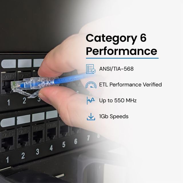 ICC CAT6 Slim Ethernet Patch Cord with Clear Boot Strain Relief, RJ45, Stranded, 550 MHz, UTP, Pure Bare Copper Wire, 28 AWG, LAN Network Patch Cable, Blue, 1 FT, 25-Pack 25 Pack