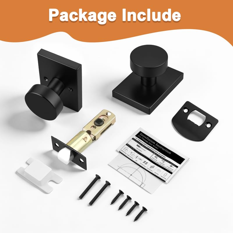 Probrico Black Door Knob Interior, Closet Door Knob Square Rose, Passage Door Handle, 1 Pack
