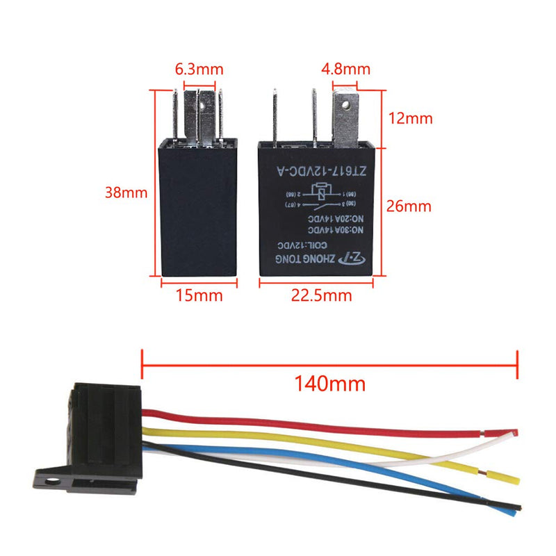 ESUPPORT Car Heavy Duty Relay Switch 12V 30A SPDT 5Pin Wire Socket Plug Harness Waterproof Electrical Automotive Pack of 5 30A 5Pin SPDT