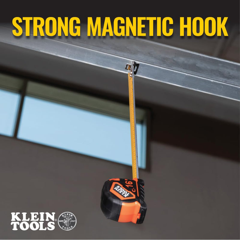 Klein Tools 9216 Tape Measure, Heavy-Duty Measuring Tape with 16-Foot Double-Hook Double-Sided Nylon Reinforced Blade, with Metal Belt Clip Magnetic Double-Hook 4.9 m