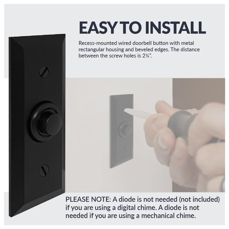 Newhouse Hardware Rectangular Recessed Wired Metal Doorbell Button in Black BT6BV, Rectangular Push Button for Doorbell Chime, Buzzer or Ringer, Door Bell Button Only, Buzzer Button with Beveled Edges
