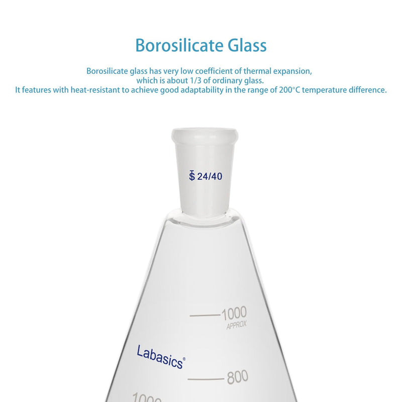 Labasics Glass 24/40 Erlenmeyer Flask, Borosilicate Glass Heavy Wall Flask with 24/40 Standard Taper Outer Joint, 1000 ml