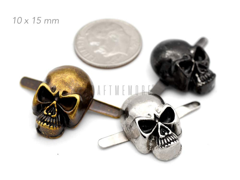 CRAFTMEMORE Skull Prong Stud Head Bone Gothic Style Ghost Studs Leather Craft Decorations Pack of 10 (Medium 10 x 15 mm, Silver) Medium 10 x 15 mm
