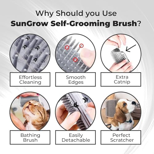 SunGrow Self-Grooming Brush for Ferrets & Cats, Light Gray Self Massager, Mountable to Corners and Flat Surfaces, Includes Brush, Catnip, Screws and Adhesive Tape (2 Pieces) 2 Pieces - PawsPlanet Australia