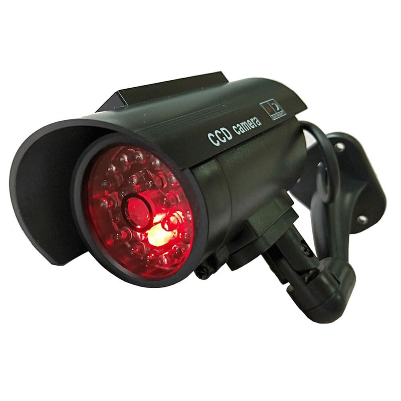 Solar Powered Dummy Fake Security Camera Bullet CCTV Surveillance with Simulated LED Realistic Red Flashing Light and Security Warning Sticker Decal Indoor Outdoor, 2 Pack
