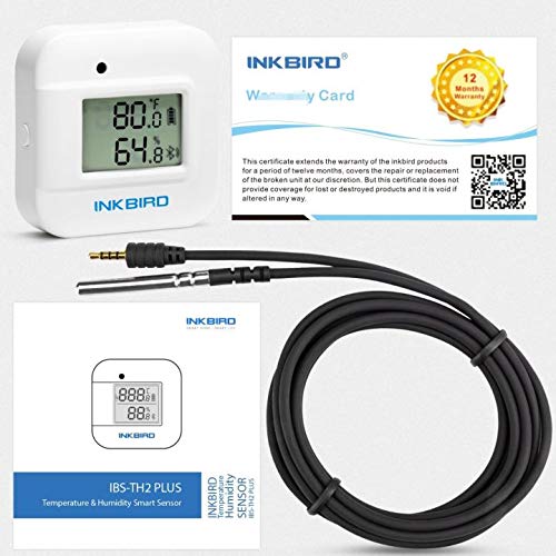 Inkbird Smart Thermometer Temperature and Humidity Monitor Hygrometer Indoor, Free APP for iOS and Android, IBS-TH2 Plus Version Supports External Temperature Probe and Digital Display With External Temperature Probe