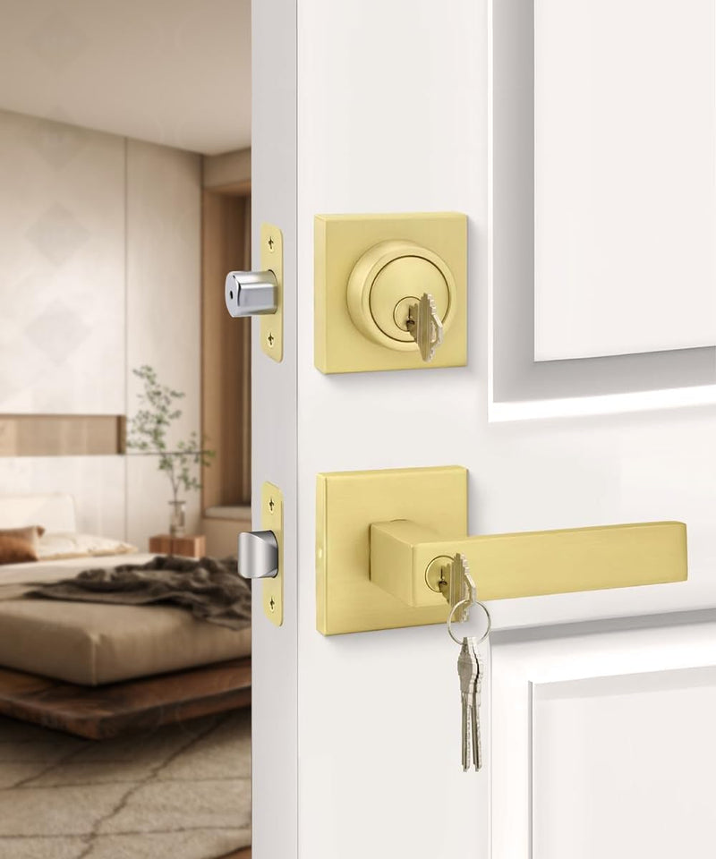 Heavy Duty Gold Exterior Door Handle Set – 5.12-inch Extended Door Lever with Single Cylinder Deadbolt for Entrance/Privacy/Passage/Bedroom Doors (Fits 35-55mm Steel & Wooden Doors)
