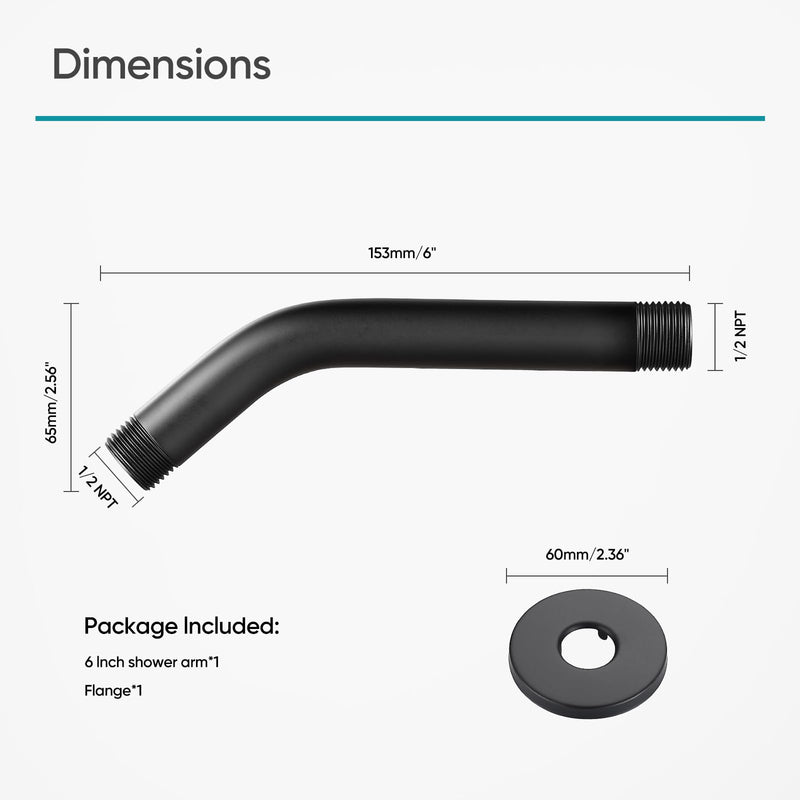 Cobbe Shower Arm with Flange and Teflon Tape, 6-Inches Wall Mounted Shower Pipe Arm Extension for Fixed Shower Head, Matte Black 6 Inches