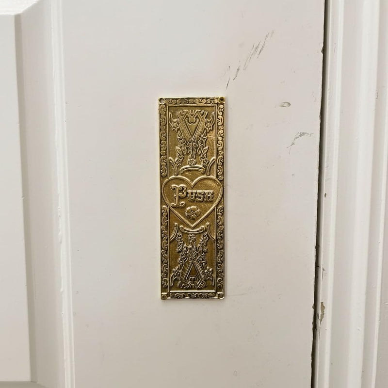 Decorative Brass Door Push Plate with Ornate Heart and Floral Engraved Design