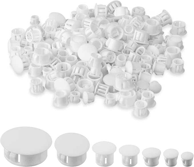 Plastic Hole Plugs, 180pcs White Panel Knockout Locking Plugs, Round Drill Screw Hole Plugs Covers for Kitchen Cabinet Furniture Insert End Caps, 1" 3/4" 1/2" 3/8" 5/16" 1/4" 1/5" B-white Mixed
