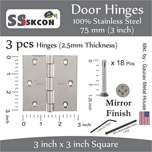 SSISKCON Stainless Steel Square Corner Hinge, C-Hole, Mirror, 3"x3", 1-Pack