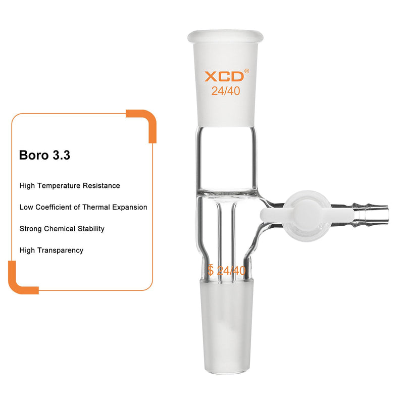 XCD Vacuum Flow Control Adapter, Precision Borosilicate Glass, Featuring a Standard 24/40 Joint and Integrated Side PTFE Stopcock for Regulating Vacuum Pressure in Distillation
