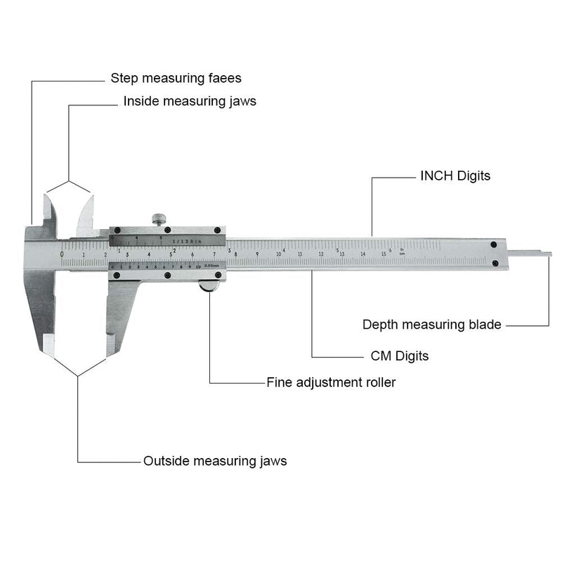 Vernier Caliper Stainless Steel Professional High Quality 0-6 Inches/150 mm Micrometer Durable Measuring Tool for Inside, Outside, Depth and Step Measurements