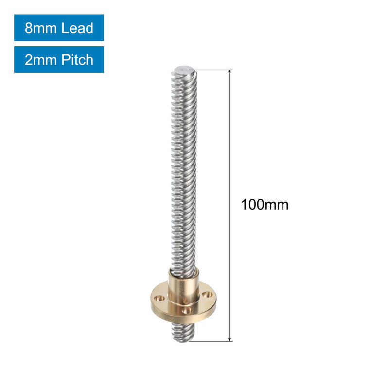 uxcell 2 Pcs 100mm / 4 Inch Tr8x8 Stainless Steel Lead Screw with T8 Brass Nut - [ Acme Thread, 2mm Pitch, 8mm Lead ] for 3D Printer Z Axis, CNC Machine