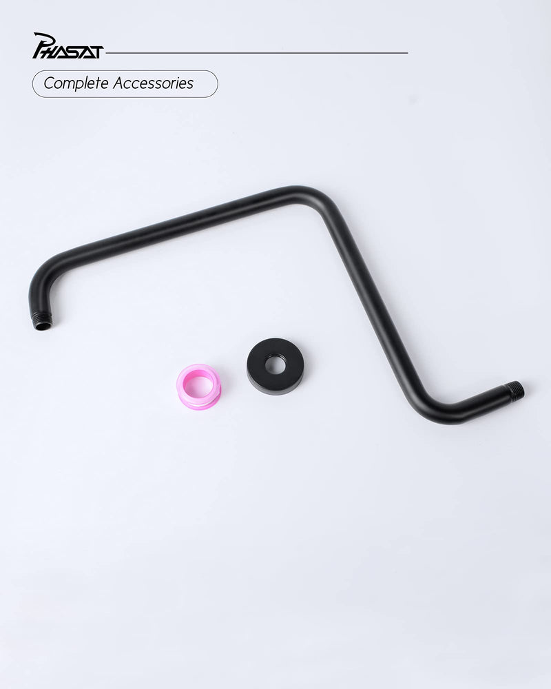 PHASAT 16 Inches Black Shower Head Arm,S Shaped Shower Arm with Flange,High Rise Shower Head Extension Arm,Shower Arm Extension Matte Black,PU9H02 Round
