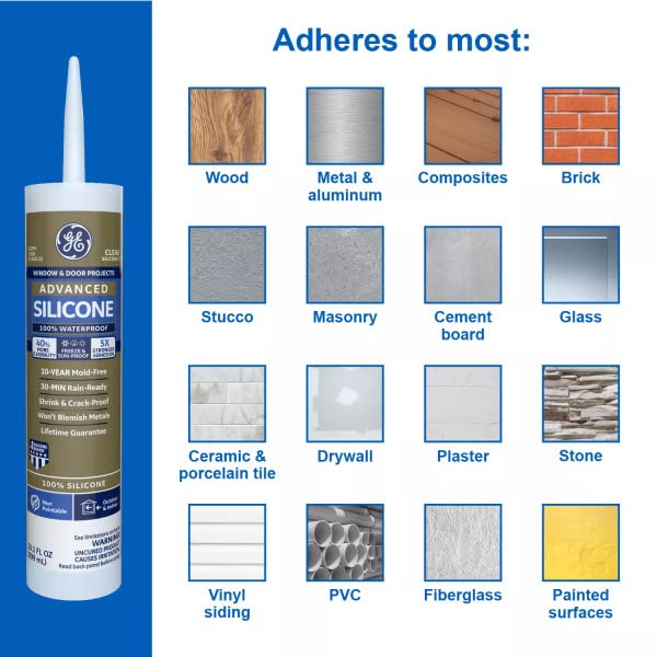 GE Advanced Silicone Caulk for Window & Door - 100% Waterproof Silicone Sealant, 5X Stronger Adhesion, Shrink & Crack Proof - 10 oz Cartridge, Clear, Pack of 1