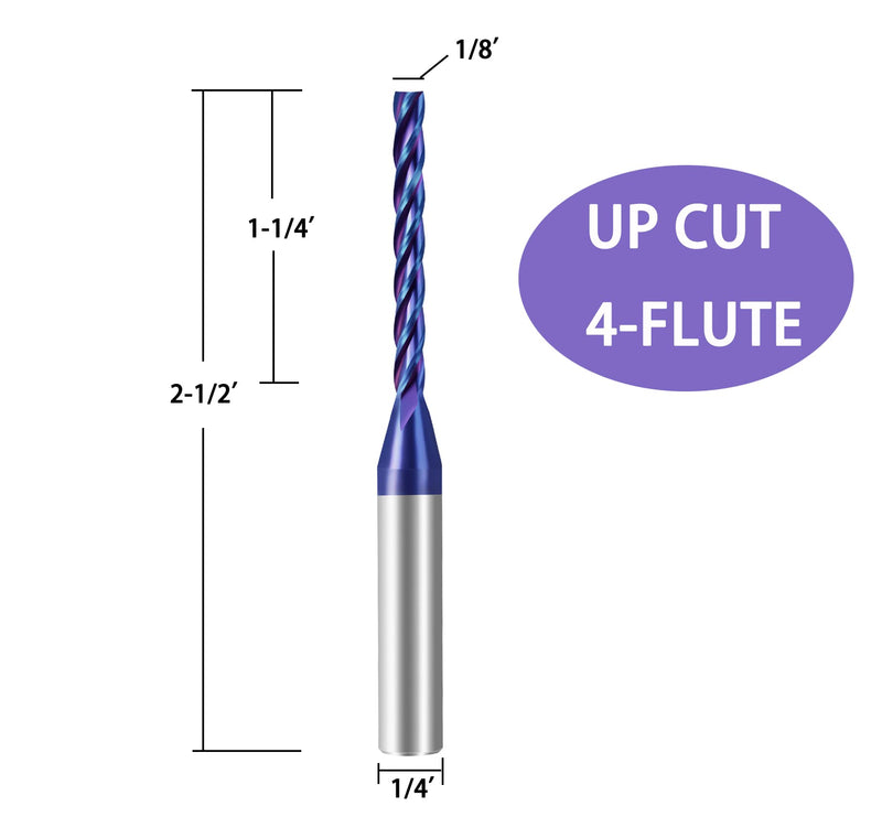 NACO Coating Up Cut Spiral CNC Router Bit 1/4 inch Shank 1/8 inch Cutting Diameter End Mill for Wood Cutting Carving Size 1/8x1-1/4x 2-1/2" (UPCUT, 2) UPCUT