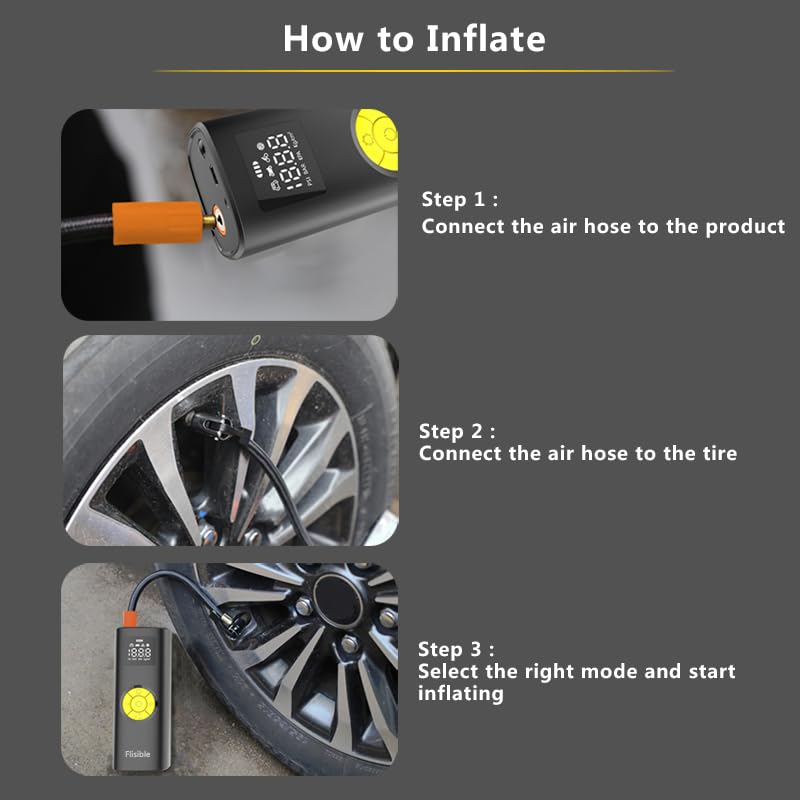 Air Compressor Portable Tire Inflator, 9000mAh Electric Air Pump, 150PSI Bike Pump Cordless Fast Inflate with Pressure Gauge & LED Light & LCD Display for Cars, Bikes, Balls, Motorcycles,Yellow Yellow