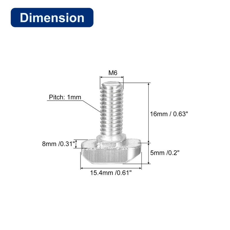 uxcell 10Pcs T-Slot Bolts, M6 x 16mm Hammer Head Bolt T Screw Drop-in Stud for 3030 Series T-Slot Aluminum Extrusion Profile, 304 Stainless Steel, Silver M6x16mm 10