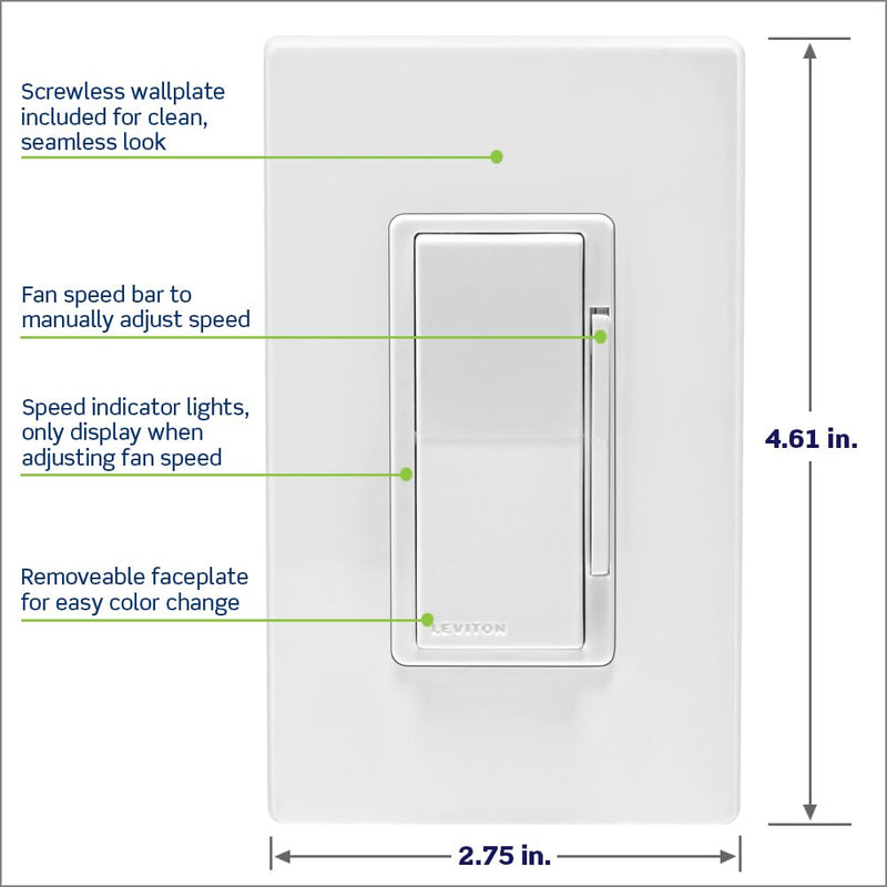 Leviton Decora Smart Fan Speed Controller, Wi-Fi 2nd Gen, Neutral Wire Required, Works with My Leviton, Alexa, Google Assistant, Apple Home/Siri & Wired or Wire-Free 3-Way, D24SF-1RW, White - NewNest Australia