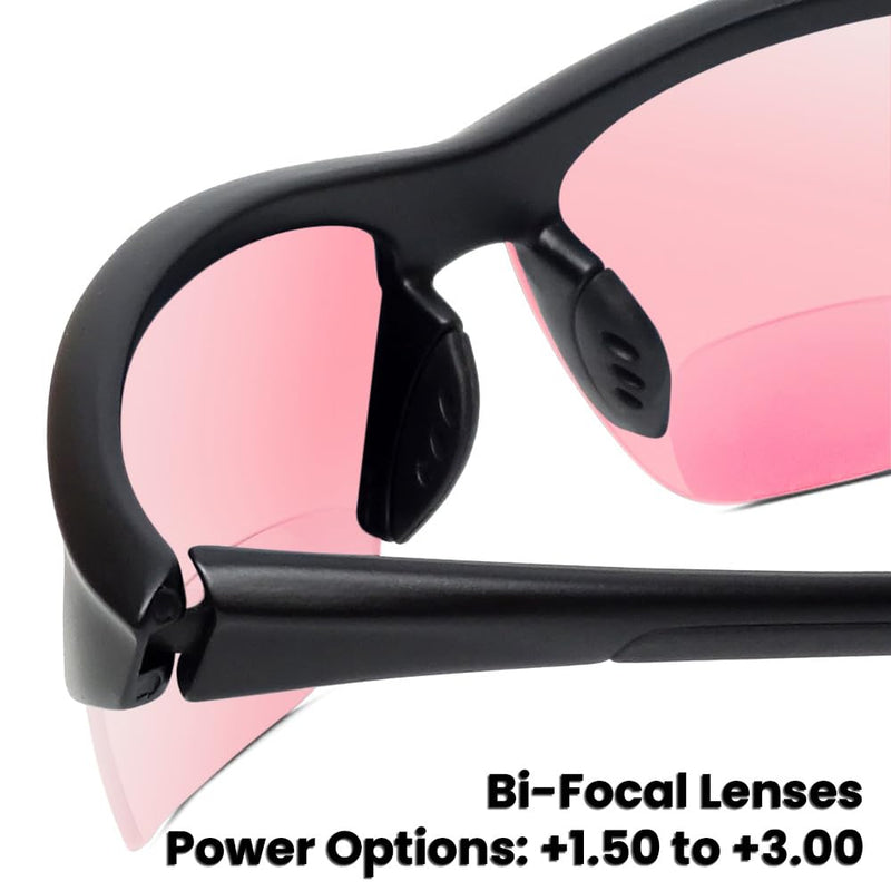 Sport 202BF Bifocal Reading Safety Glasses Readers Men Women Anti Fog Wrap Around Tinted UV Protection Semi-Rimless Gloss Black Fl41 Pink (2 Pack) 2.25 x