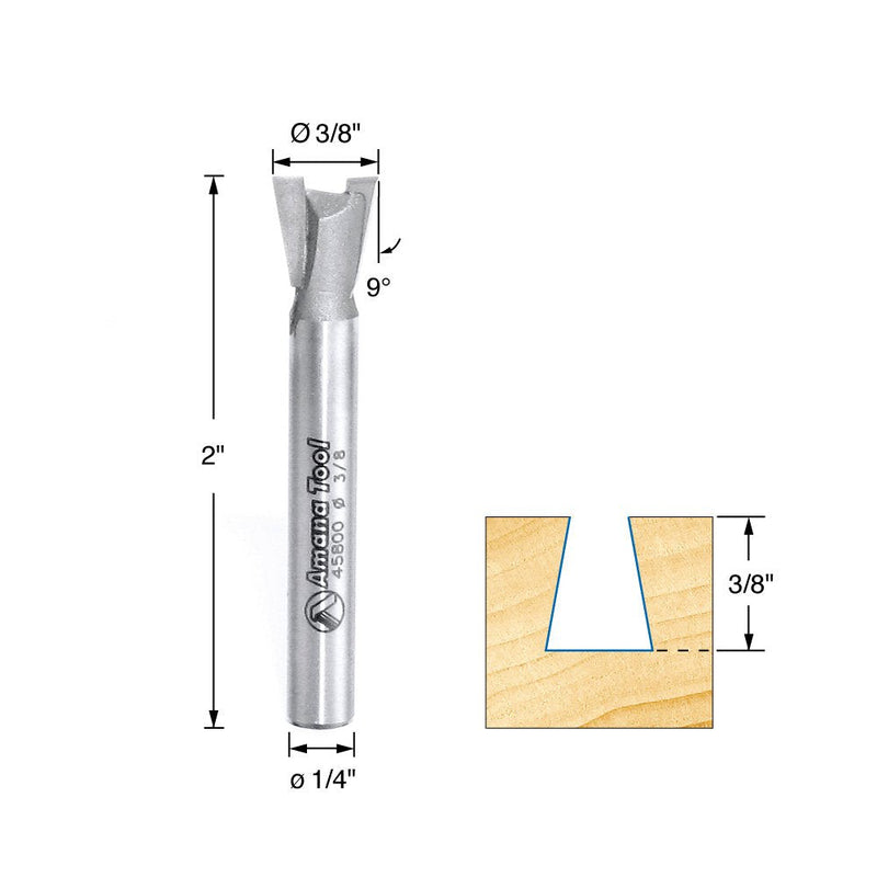 Amana Tool - 45800 Carbide Tipped Dovetail 9 Deg x 3/8 Dia x 3/8 x 1/4" S 3/8 Dia x 3/8 x 1/4" Shank