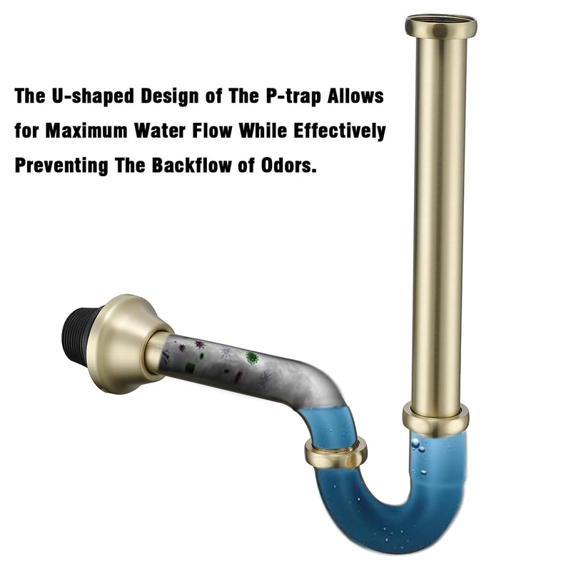 RANDOM Brass P Trap Bathroom Sink U-Shape 1-1/4 inch Sink Trap with Slip Joint Extension Tube,Adjustable Height Sink Waste Drain Bottle P-Trap Kit,Brushed Gold Basin Sink Plumbing.RD83555BG-L Brushed Gold