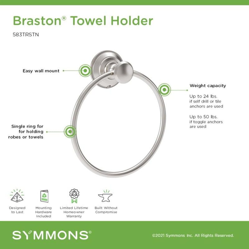 Symmons Braston Wall Mounted Bathroom Towel Ring in Satin Nickel - 583TRSTN