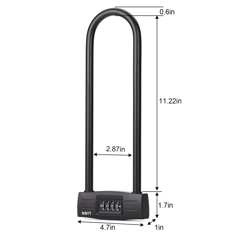 U Bike Lock - Heavy Duty Combination Lock for Motorcycle Wheel, Office Door, Fence & Gate - Resettable, Long Combination U-Lock in Black - Steel/Zinc/PVC Construction - 13.78 x 4.7 x 1.1 Inches 11.22 inches Inside