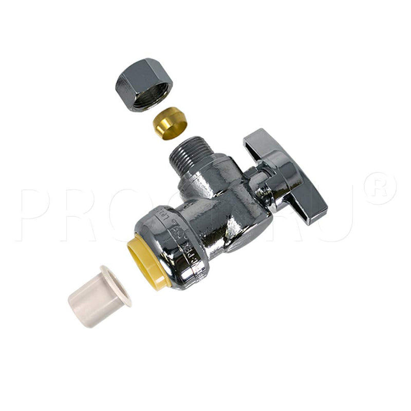 10-Pack PushFit Angle Stop Valve 1/2" Nom x 3/8" OD Comp, Quarter-Turn Push-to-Connect Brass Shutoff Valve for Copper, PEX, CPVC, PE-RT, HDPE Pipes (8X8012-11T) 10