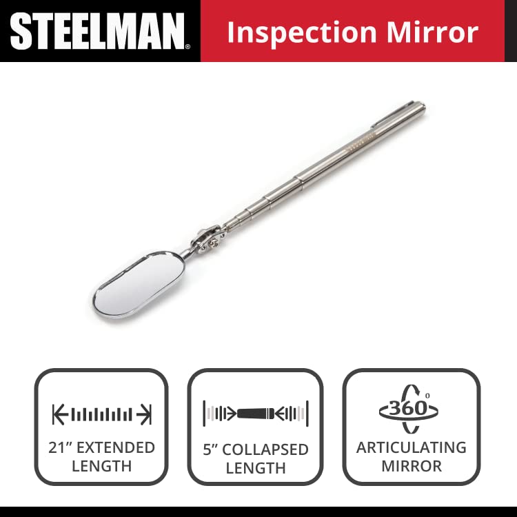 Steelman 21-Inch Telescoping Auto Inspection Mirror, Articulating 1 x 2-Inch Rounded Rectangular Mirror, Pocket Clip, Plated Brass 21 inches