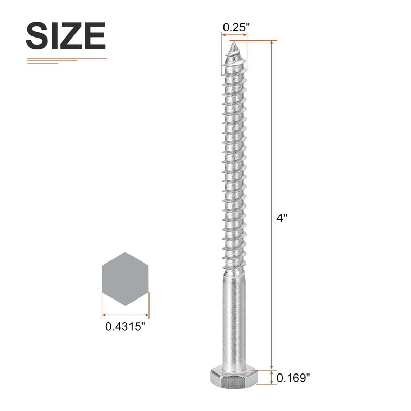 1/4" x 4" Hex Lag Bolts - 10 Pack - for Woodworking, Furniture - 304 Stainless Steel Partial Thread Hexagon Head Lag Screws for Wood - Silver 1/4" x 4"