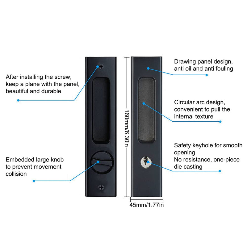 LWZH 6.3" Matte Black Privacy Pocket Door Lock Hardware, Invisible Recessed Handle Latch with Keys, Sliding Door Mortise Lock, Double Barn Door Lock Furniture Hardware 1 Pack
