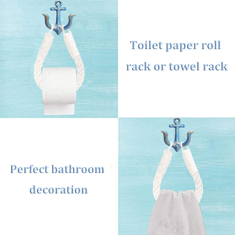 2 Pcs White Nautical Rope Toilet Paper Holder Wall-Mounted Towel Ring Nautical Toilet Paper Holder with Metal Hooks Coastal Towel Rack （Blue+Blue） Blue+blue