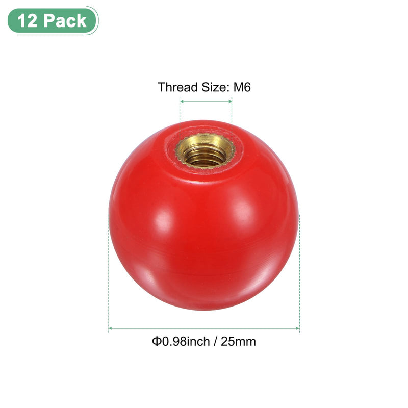12-Pack Threaded Ball Knobs, M6 Female Thread 25mm Dia. Thermoset Ball Knob for Lathe/Machine/Lawn Mowers, Round Phenolic Brass Insert Lever Handle [Red] M6x25mm Red