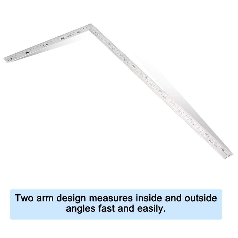 Oumefar Metal Square Ruler Double-Scale Protractor Angle Ruler L-Shaped Framing Square Ruler Stainless Steel Angle Measuring Tool(500mm*250mm)