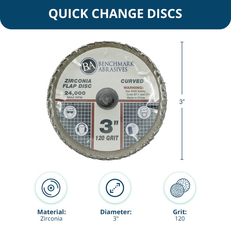 Benchmark Abrasives 3" Quick Change Zirconia Flap Disc Curved Grinding Wheel w/Male R-Type Back Design - Cleaning Finishing Deburring of Irregular Surfaces for Die Grinder & More (10 Pack) 120 Grit