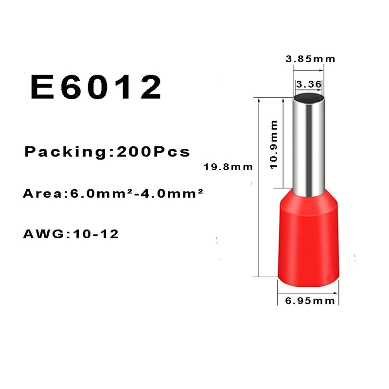 200 Pcs Wire Ferrules AWG 10-12/6.0mm²-4.0mm² Wire Copper Crimp Connector,E6012 Connectors Insulated Ferrule Pin Cord End Terminals(100 Black + 100 Red) #10-12 AWG 100 Black + 100 Red