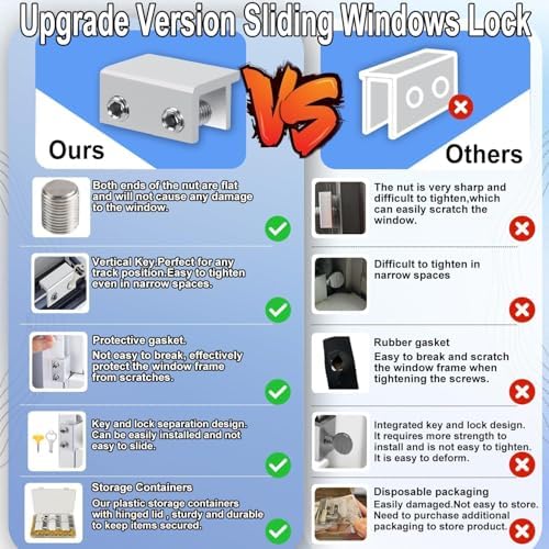 12 Set Sliding Window Locks with Key, Silver-Large, Double Lock, Aluminum, Easy to Install, Security and Safety for Residential and Commercial Buildings 12 Set