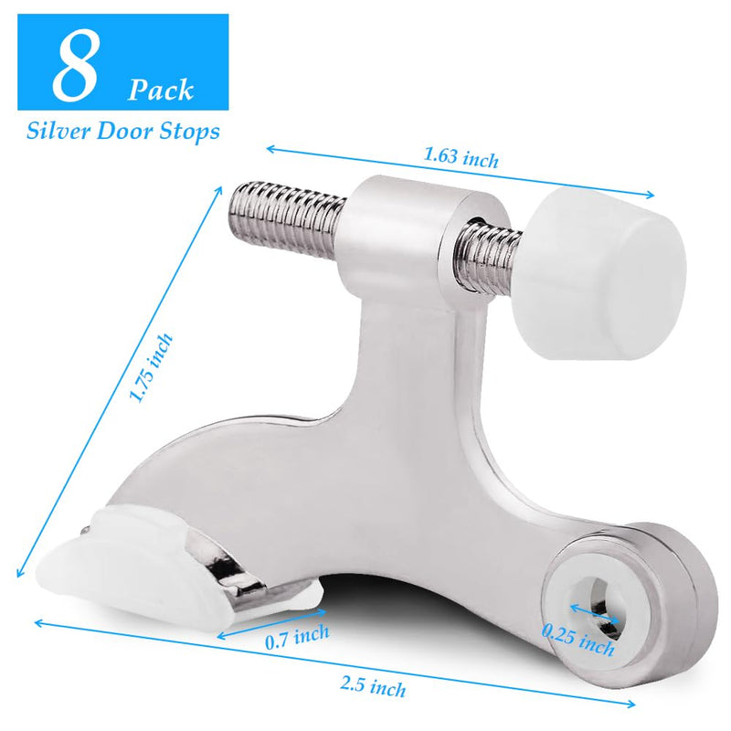 OBTANIM 8 Pack Hinge Pin Door Stopper Heavy Duty Metal Adjustable Door Stops with Rubber Bumper Tips (Silver) Silver