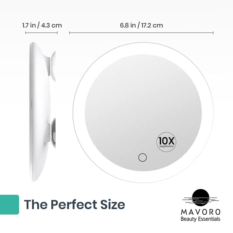 Mavoro 6.8" LED Magnifying Mirror with 3 Strong Suction Cups | 10X Magnification | Portable Lighted Travel Makeup & Cosmetic Mirror with Light (USB-C Rechargeable Built-in Battery |10X)